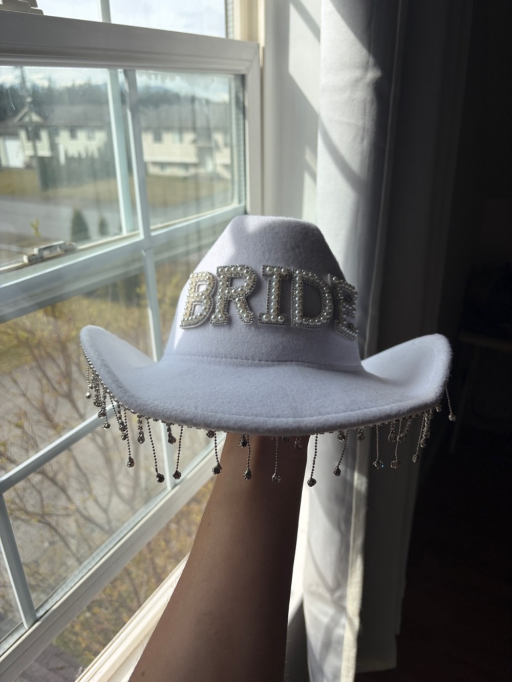 SHEIN White BRIDE Embellished Cowgirl Hat with Crystal Fringe